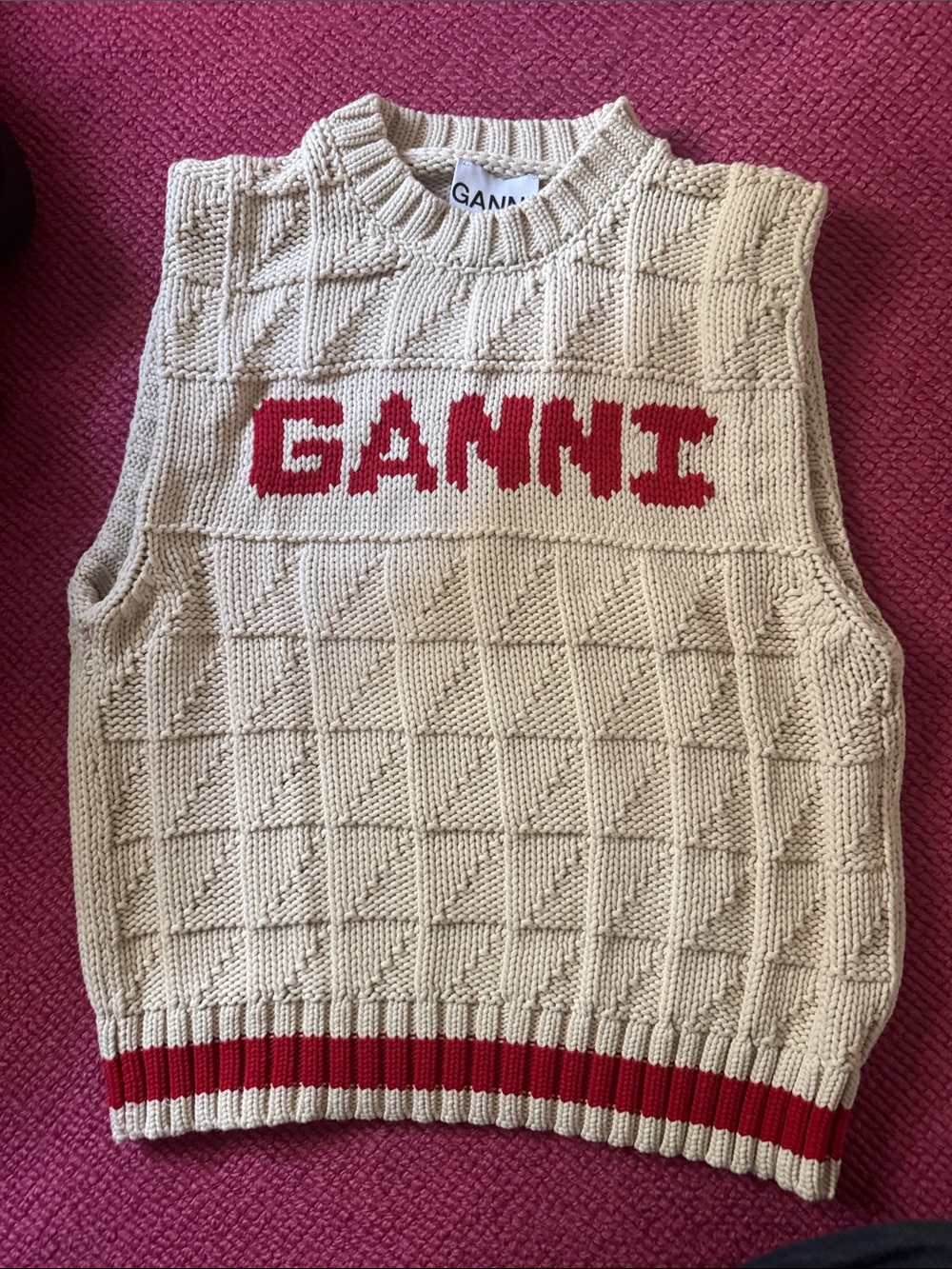 Ganni Cream Knit Logo Sweater Vest with Red Accents